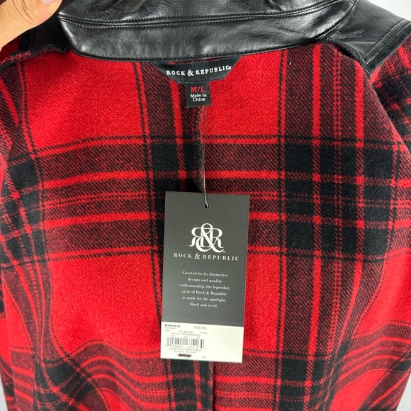 NWT Rock & Republic Womens Plaid Fringe Faux Leather Trim Poncho Red/Black - Picture 13 of 13